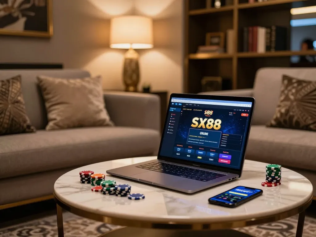 SX88 online gaming setup with a laptop and colorful chips in a cozy lounge atmosphere.
