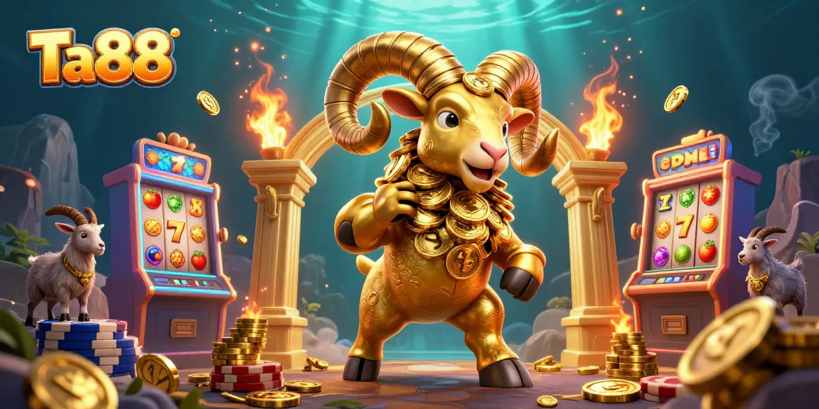 Embrace the excitement of Ta88 with a dynamic casino scene featuring a golden ram and slot machines.