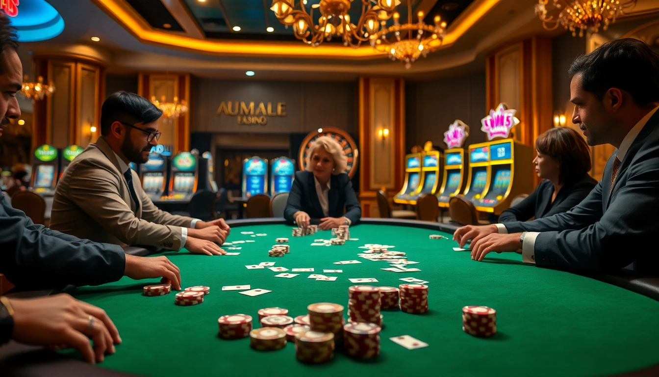 Players enjoying a thrilling game at UU88's sophisticated casino, featuring poker and roulette elements.