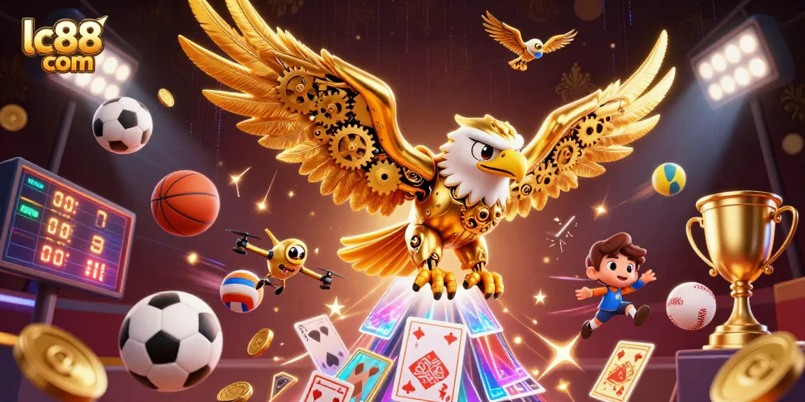 Engage with thrilling games at lc88 com featuring a dynamic scene with sports action and vibrant visuals.
