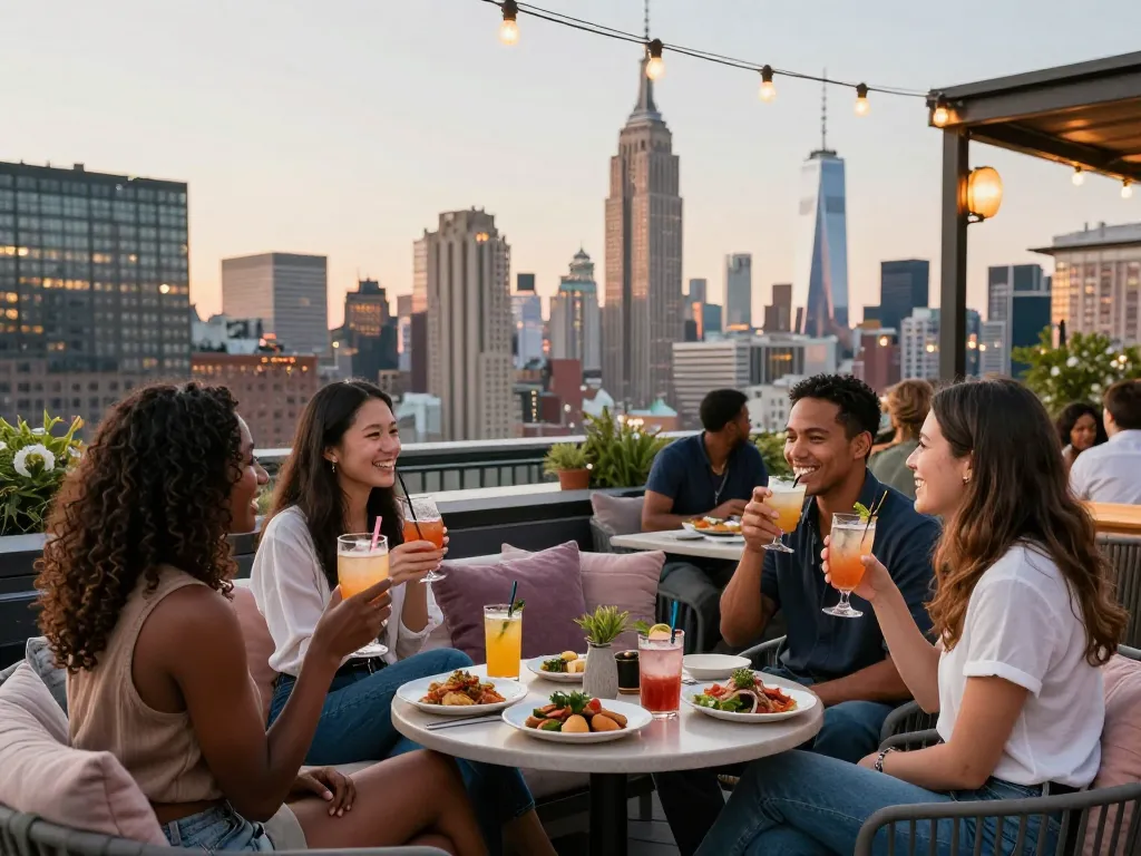 A lively rooftop bar scene at Nohu featuring friends enjoying cocktails with a stunning Manhattan skyline backdrop.