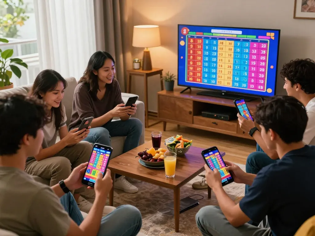 Engaged friends placing lô đề bets online in a lively home setting with lottery results displayed.