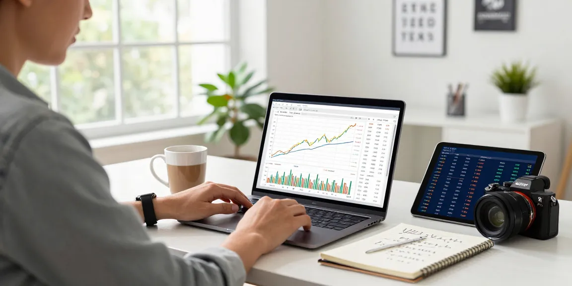 Individual exploring Indexfonds performance in a bright home office environment with investment charts.