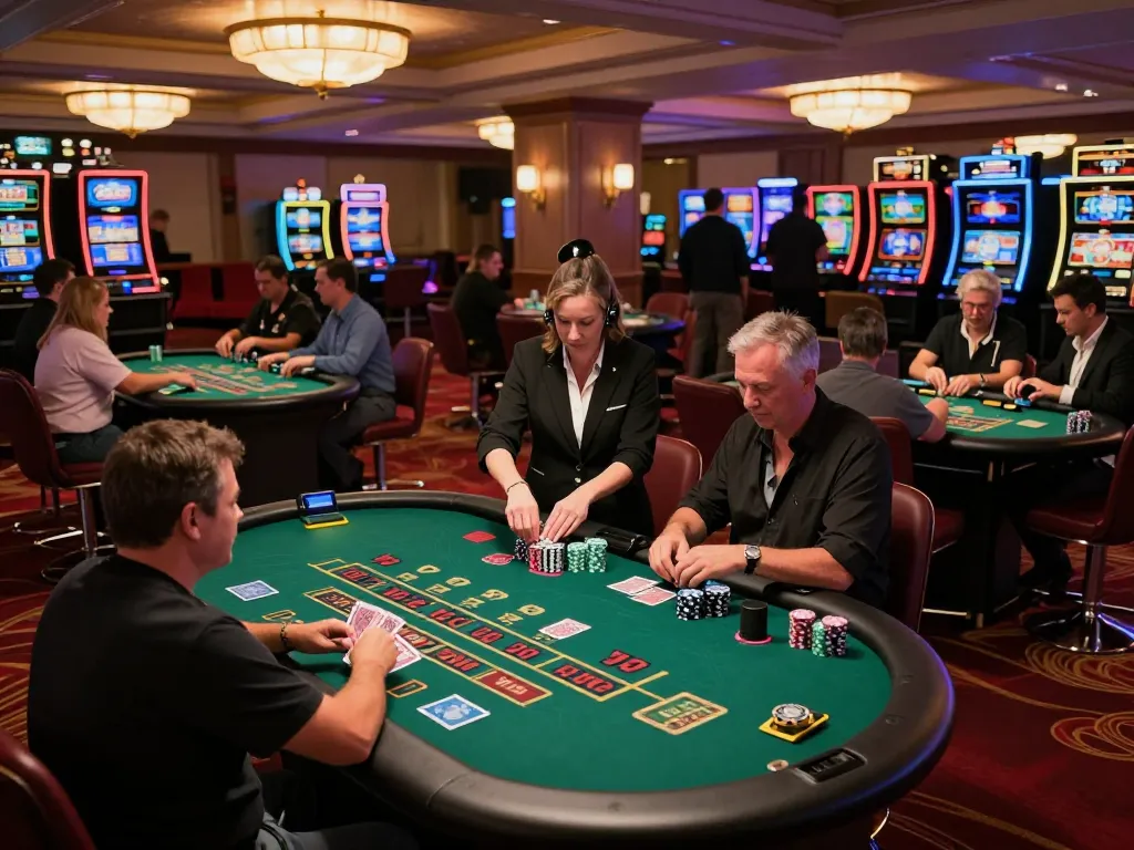Experience high-stakes gameplay at https://78wina.biz/ with players focused on blackjack tables surrounded by a vibrant casino atmosphere.