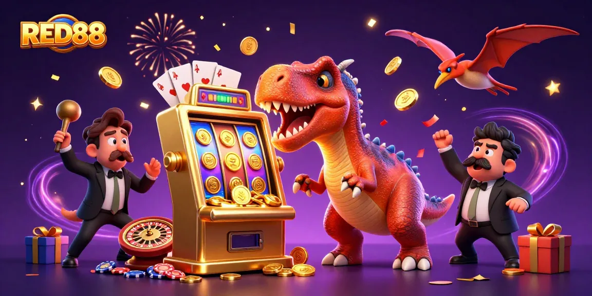 Headbutting pachycephalosaurus at RED88 casino winning slots, with flying coins and gaming elements.
