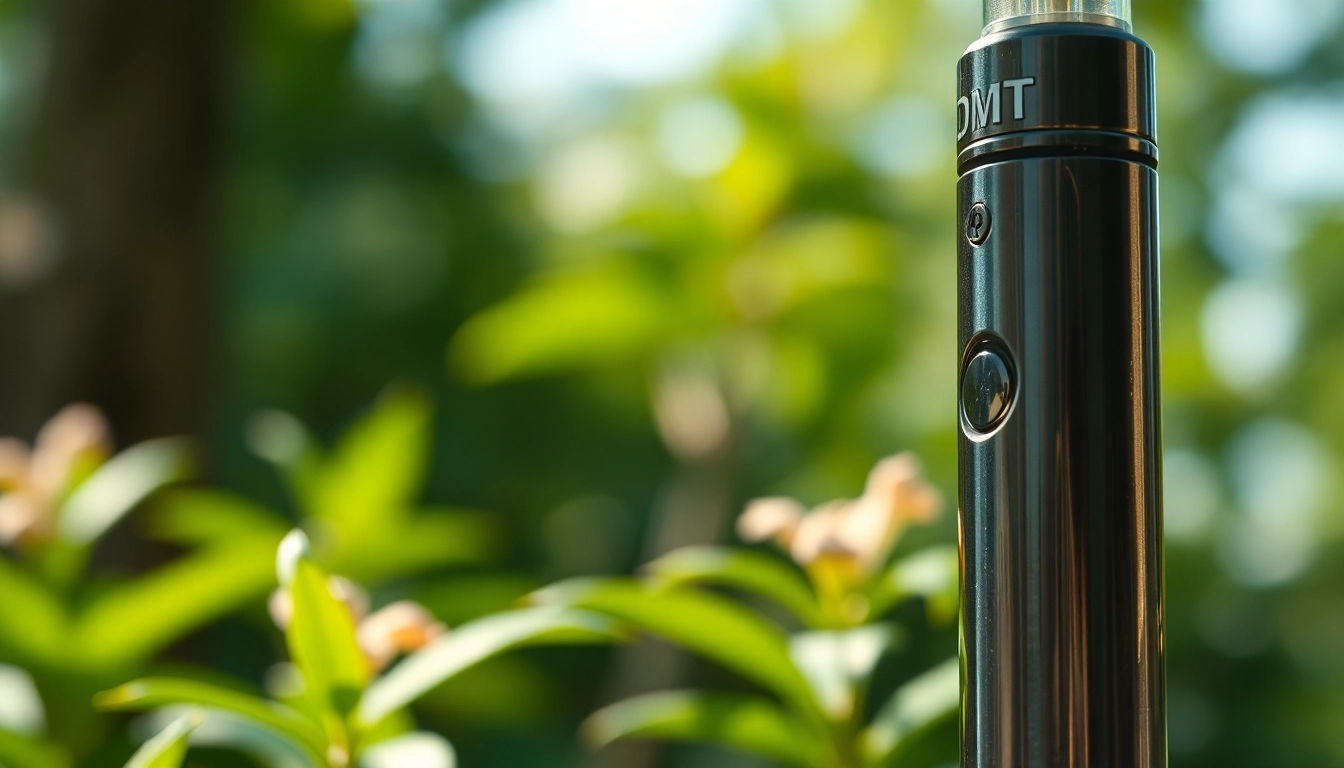 Buy DMT vape pen with sleek design against a blurred nature backdrop for a tranquil vibe.