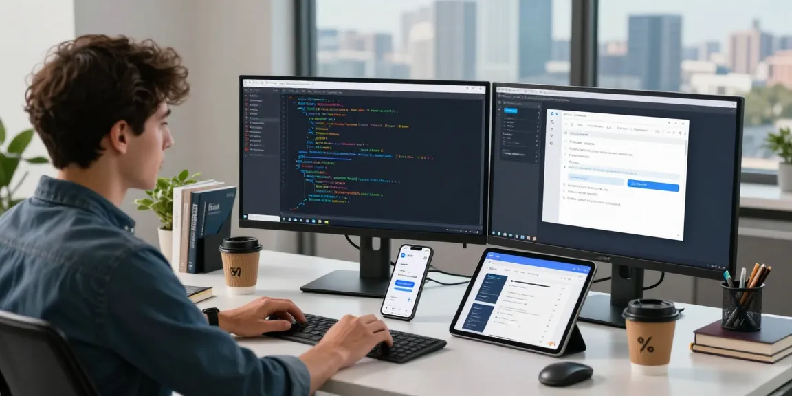 Developer coding Telegram Web Version in a modern office space, showcasing apps and collaboration tools.