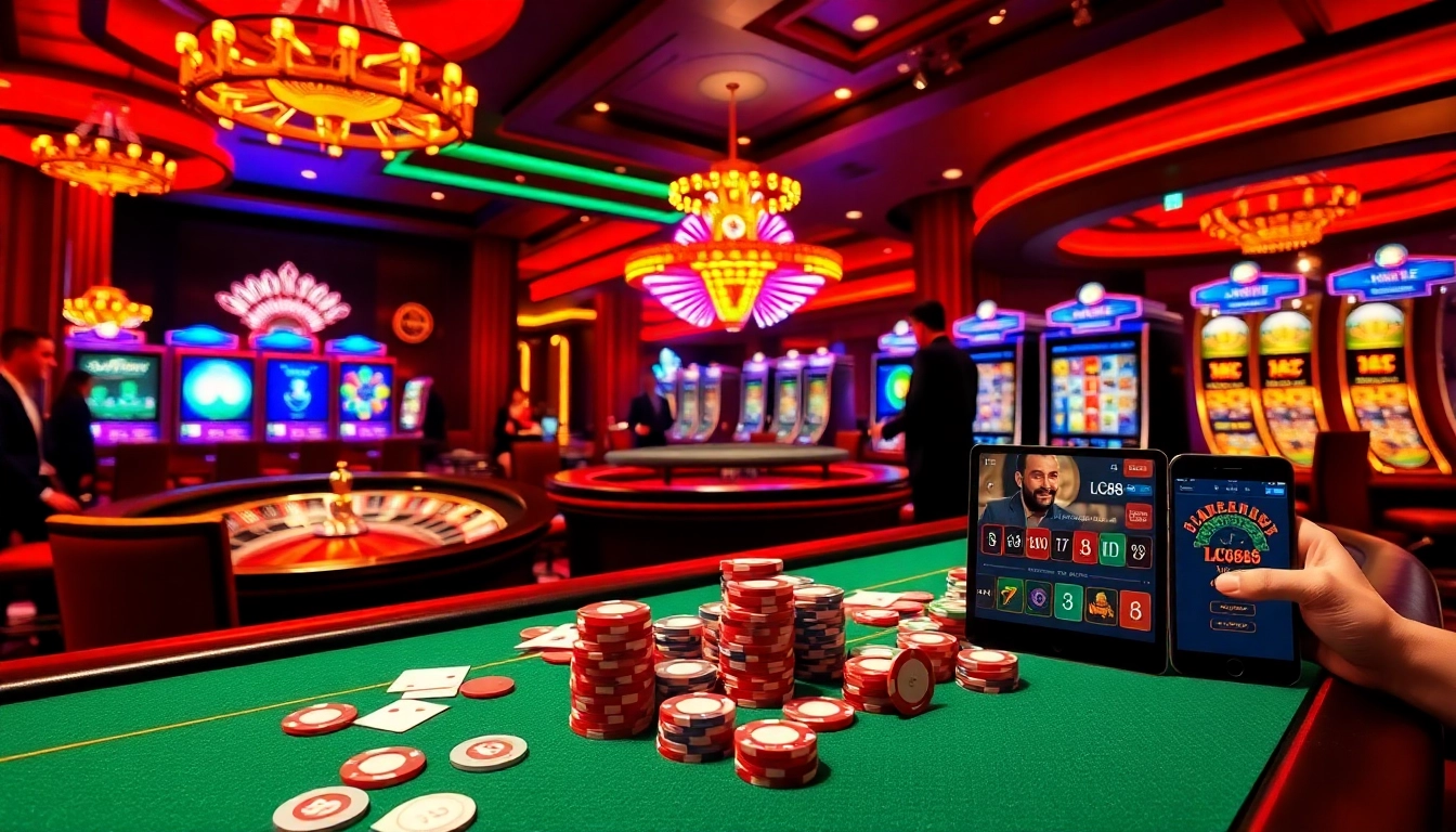 LC88's luxurious casino ambiance with poker chips, cards, and a roulette wheel.