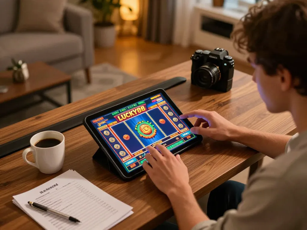 Player enjoying LUCKY88 slot game on a tablet in a cozy home setting.