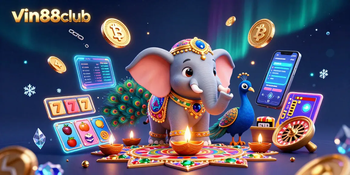 Experience vibrant gameplay with vin88club's casino elements, including an elephant, peacock, and crypto coins.
