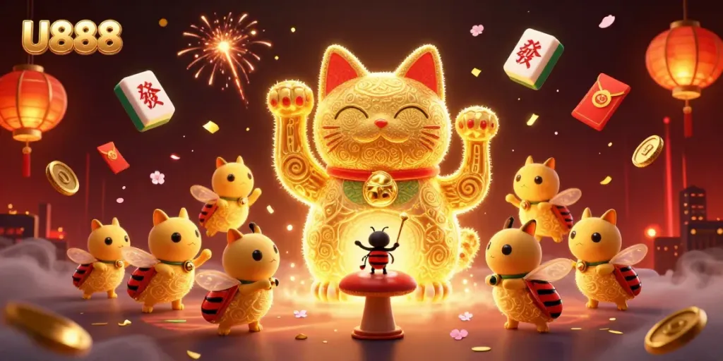 Engage in thrilling U888 casino adventures with a vibrant lucky cat illustration illuminated in rich colors.