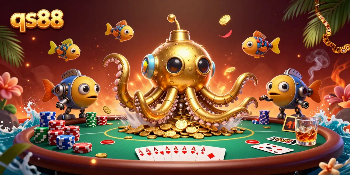 Experience high-stakes poker action with qs88's golden kraken submarine amidst a sea of coins.