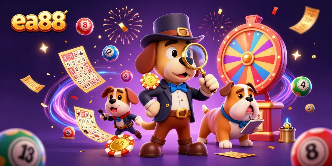 Experience thrilling gambling at ea88 with cartoon characters investigating clues in a vibrant casino scene.