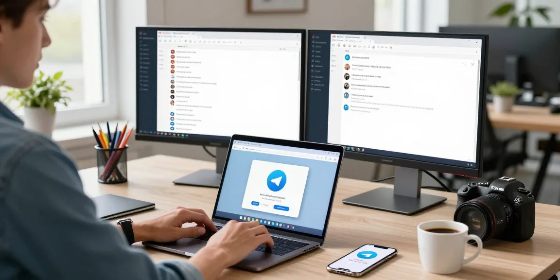 Engaged user exploring the Telegram web version in a modern office setting with dual monitors.