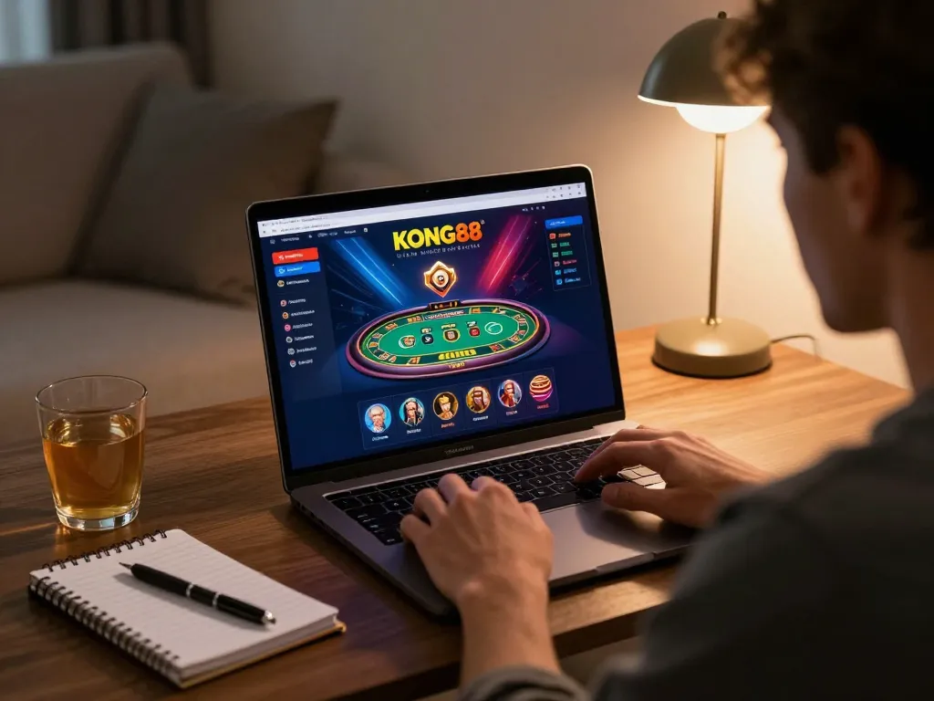 KONG88 player engaging in dynamic online casino gameplay on laptop in cozy home setting.