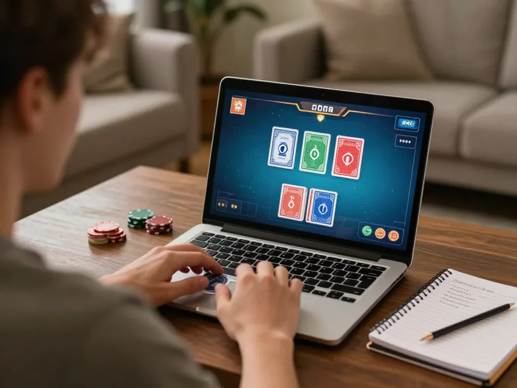 Player enjoying online poker at home with 13win, showcasing engaging gameplay and comfortable setup.