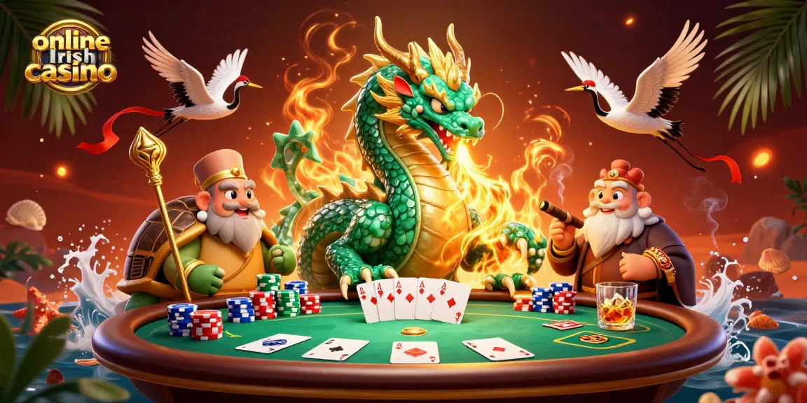 Engage in thrilling gameplay at the online Irish casino with a dynamic dragon and lucky symbols.
