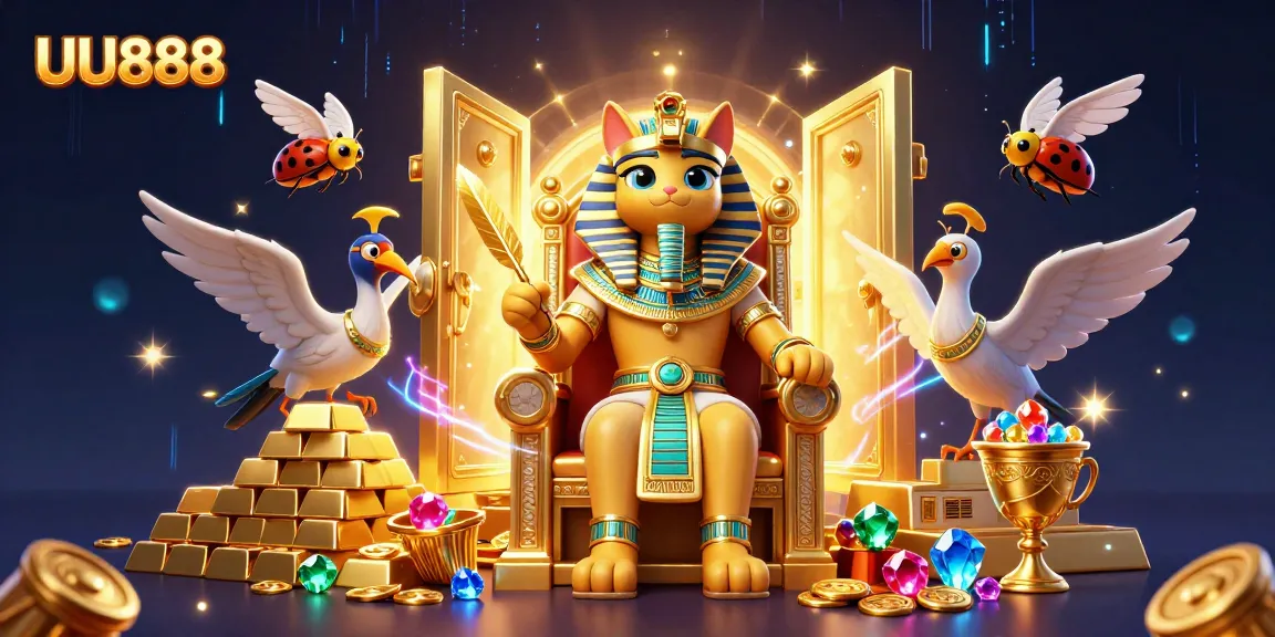 Play and win big at UU888 with the majestic Egyptian pharaoh cat surrounded by treasures.