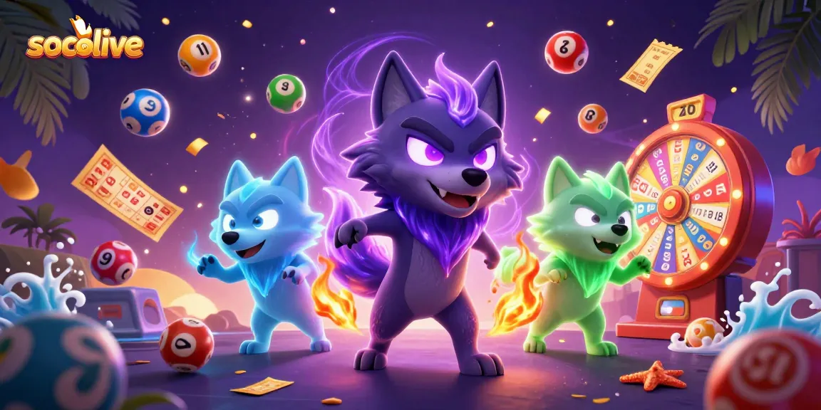 Socolive showcases a dynamic online gambling scene with wolf characters surrounded by vibrant game elements.