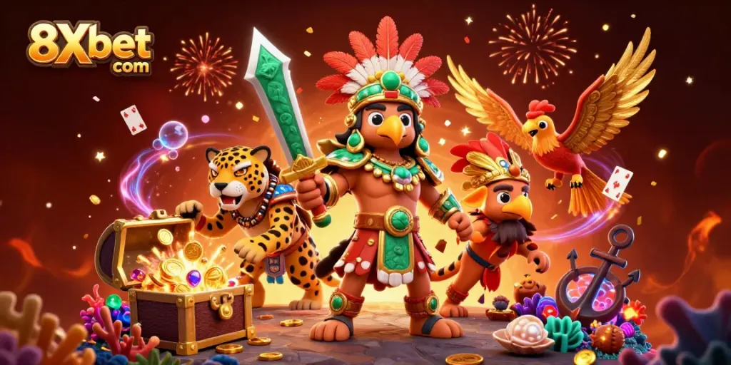 Engage with thrilling games at 8Xbet com, illustrated by a vibrant scene with Aztec characters and casino elements.