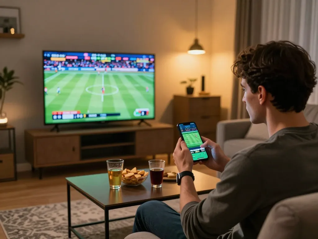 In a lively sports betting atmosphere, a person reviews odds on a smartphone while watching the game, showcasing keo nha cai strategies.