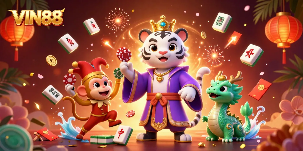 Engage in thrilling gameplay at VIN88, featuring a vibrant scene with a royal tiger and jester monkey.