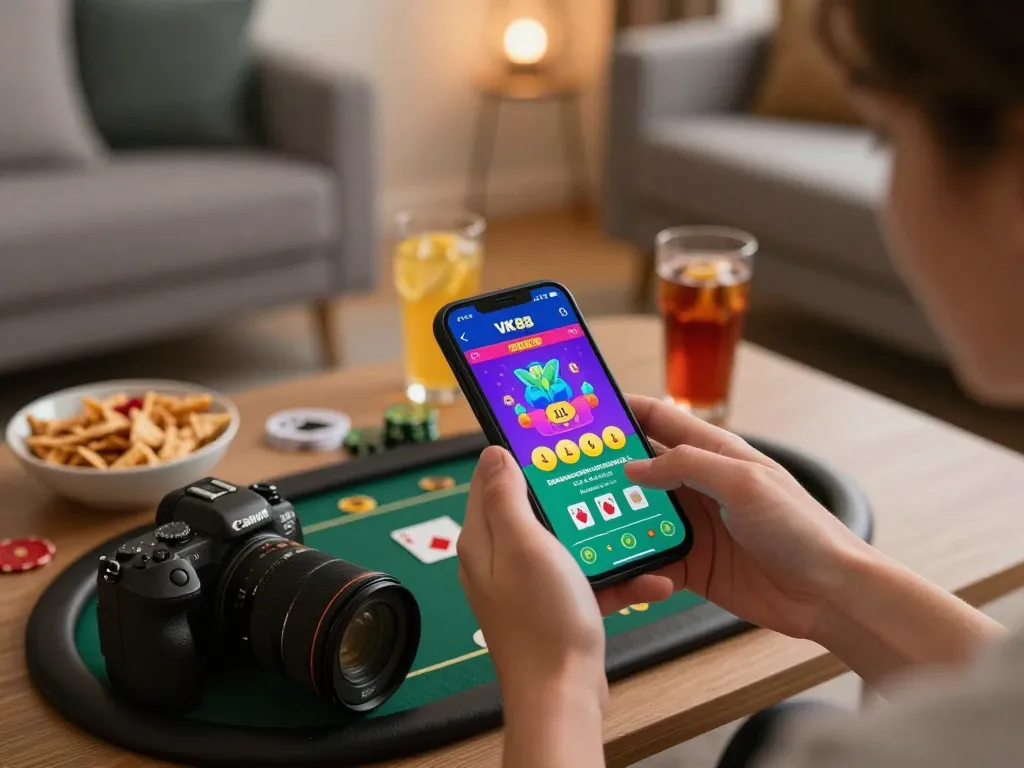 Engaged player using VK 88 app for online gambling on smartphone in a cozy home setting