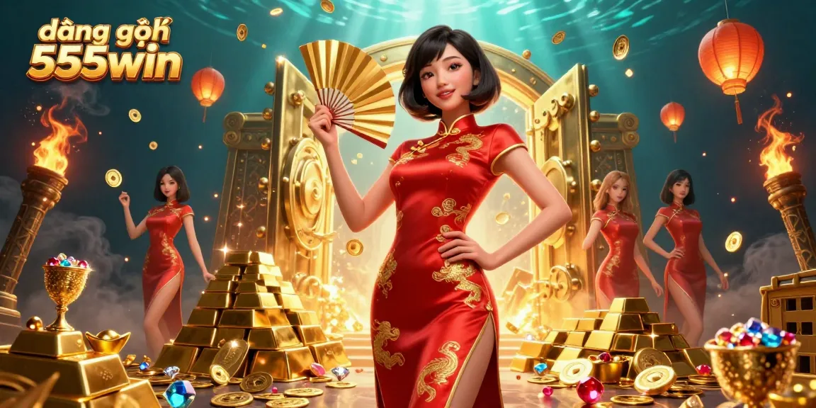 Engage with the vibrant illustration celebrating đăng ký 555win featuring a beautiful Asian woman in a crimson dress among gold elements.