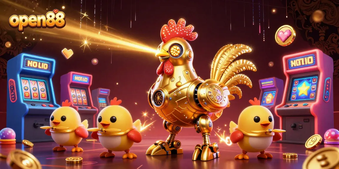 Engage with open88's exciting gaming world featuring vibrant arcade elements and a unique golden rooster hero.