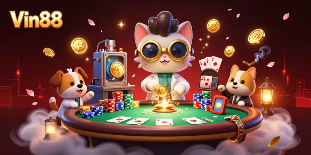Engage with Vin88's thrilling gaming atmosphere featuring a mad scientist cat and poker elements.