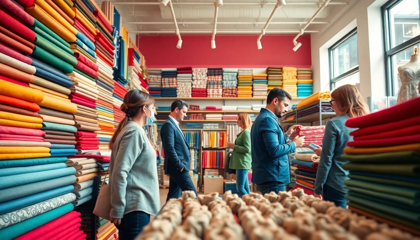 Stoffen winkel online met kleurrijke stoffen en klanten die verschillende texturen verkennen.