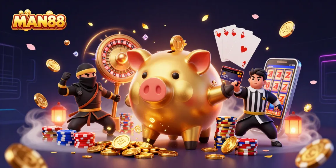 Experience the thrilling action of MAN88 as a golden piggy bank sumo wrestler stomps and releases coins in a vibrant casino scene.