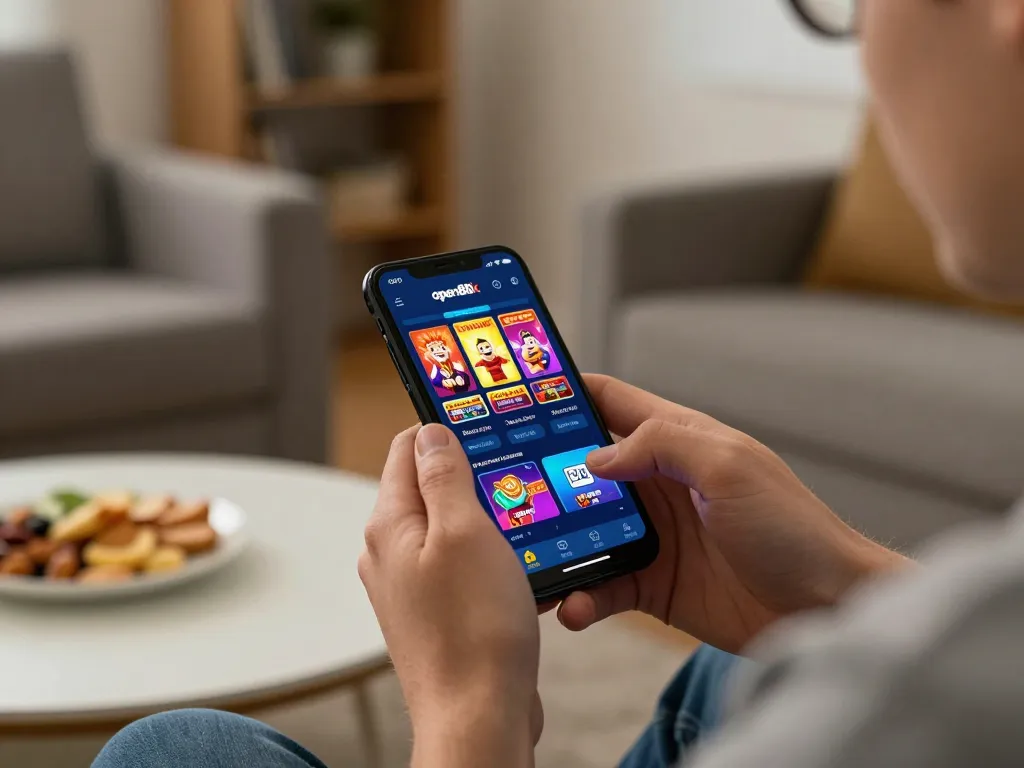 User enjoying the open88k app on smartphone in a cozy living room, engaging in online gambling responsibly.