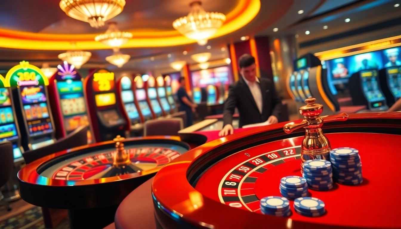 Exciting gaming action at 23win with roulette wheel, poker chips, and vibrant slot machines.