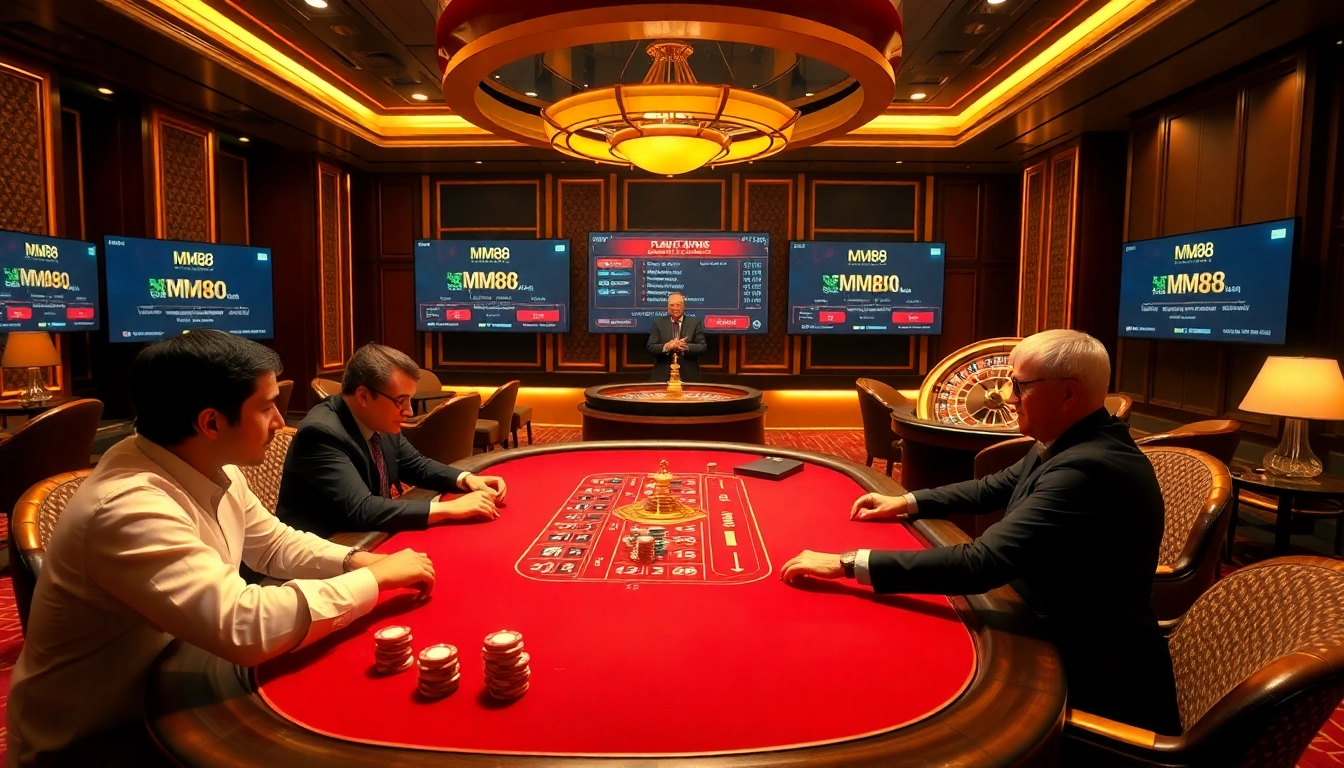 MM88 players strategizing at a luxurious casino table filled with chips and excitement.