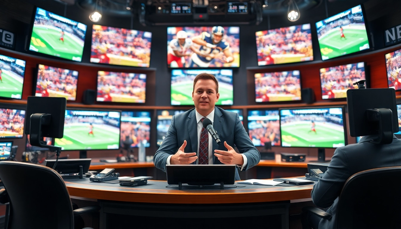 Highlighting Sports Broadcasting, a professional broadcaster engages in a vibrant studio setting.