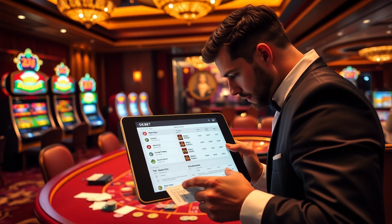 Engaging gamblers with DEBET betting options at a luxury casino table.