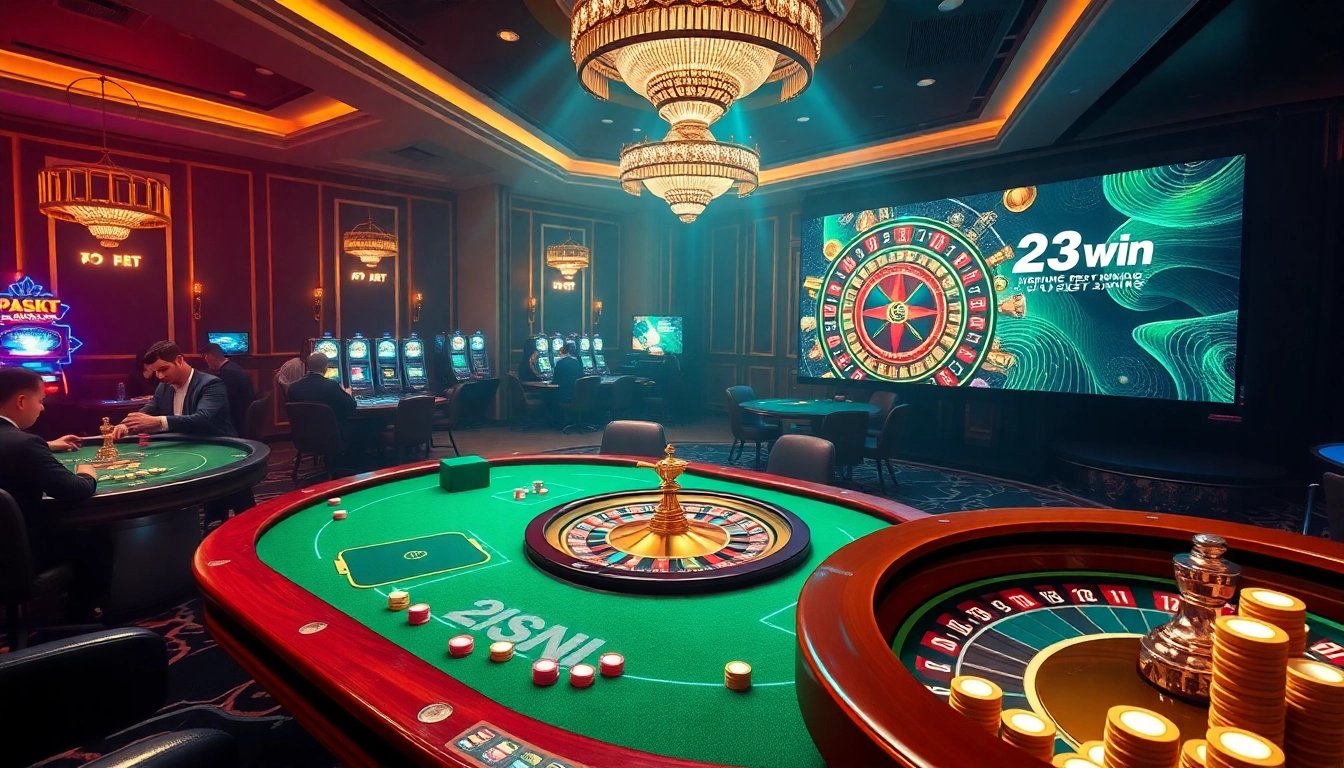 Experience the excitement of 23win with dynamic players at luxurious casino tables and vibrant slot machines.