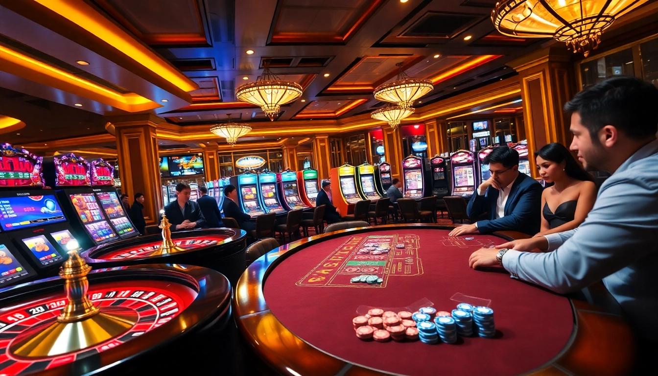 MM88 casino players enjoying vibrant slot machines and roulette tables.