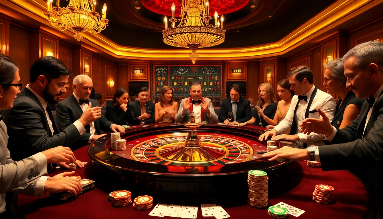 Exciting gambling action at SV368 with players around a roulette table, showcasing luxury and excitement.