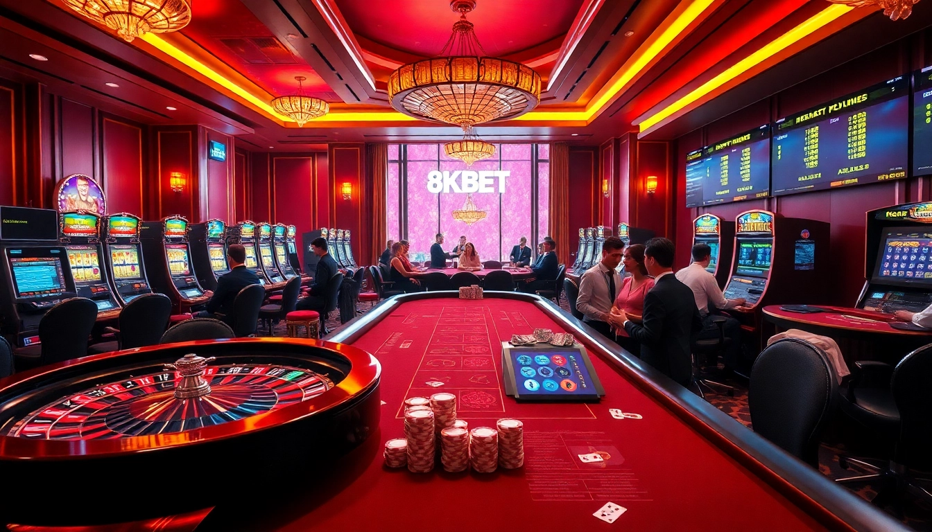 Experience the excitement of 8KBET with an upscale casino scene featuring poker chips, roulette, and slot machines.