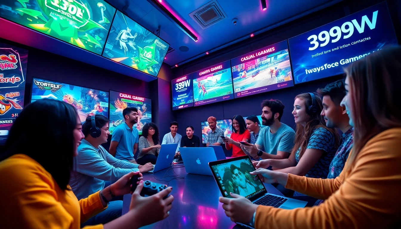 Engaging digital gaming hub scene showcasing diverse players enjoying 399W platform games.