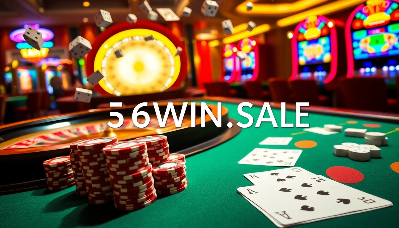 A high-stakes gambling scene showcasing 56WIN.SALE with poker chips, roulette wheels, and vibrant casino tables.