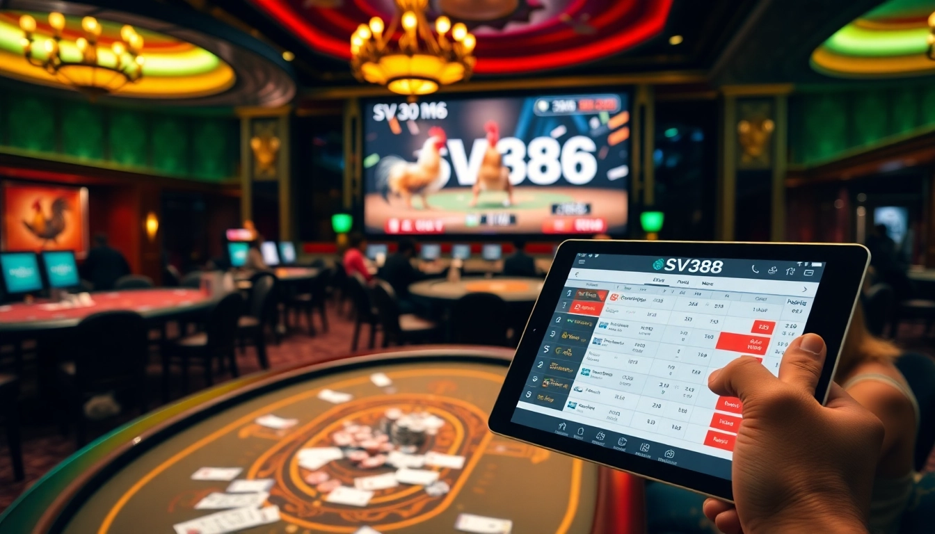Engaging players placing bets at a luxurious casino showcasing SV388's live cockfighting.
