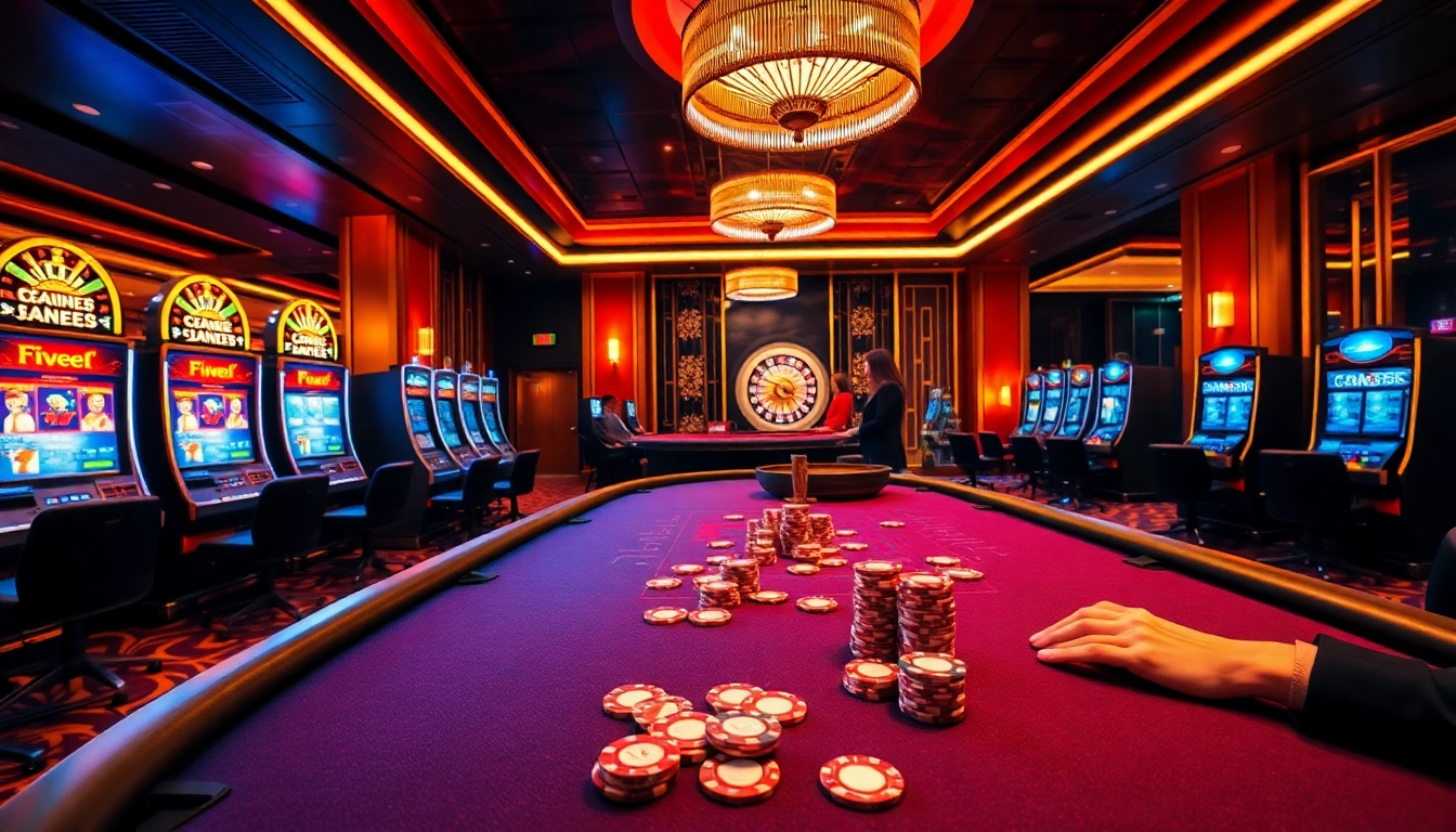 Players enjoying an exciting poker game at five88 casino with vibrant slot machines in the background.
