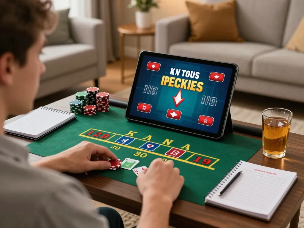 Player enjoying debet blackjack on a tablet, showcasing strategic online gaming in a cozy home.