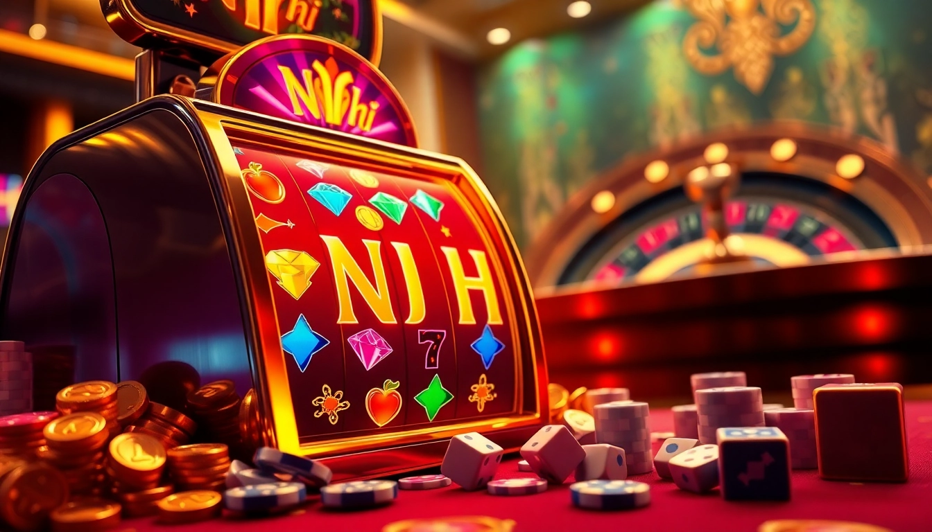 Nổ Hũ slot machine adorned with colorful graphics and casino props showcasing an exciting gambling atmosphere.