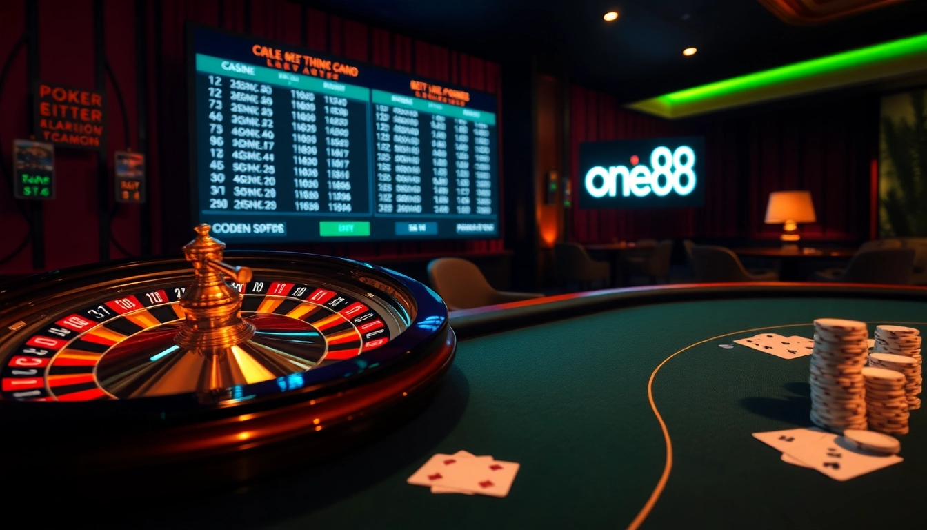 One88 casino scene with luxury poker table, roulette wheel, and dynamic betting scoreboard.