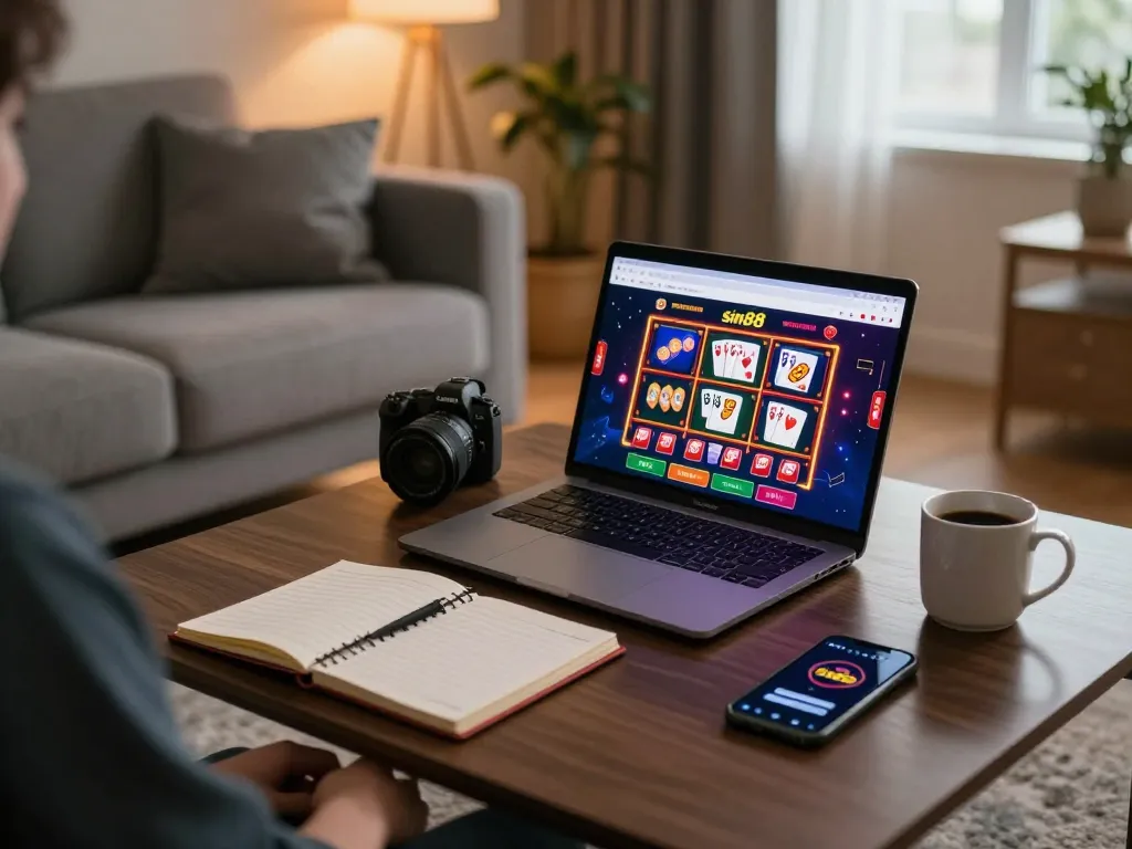 Engaging in online gaming with the sin88 platform at home, featuring a cozy setup with a laptop and betting notes.