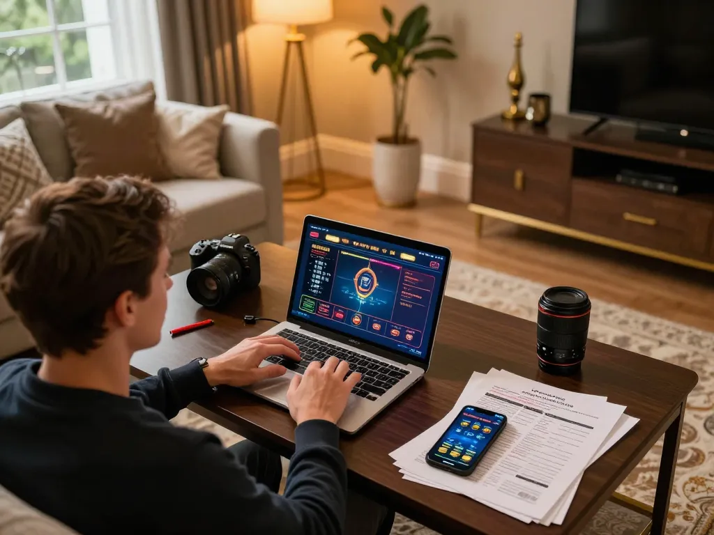 Player engaged in online gaming at https://uk88.ru.com/ enjoying a poker game in a cozy home setting